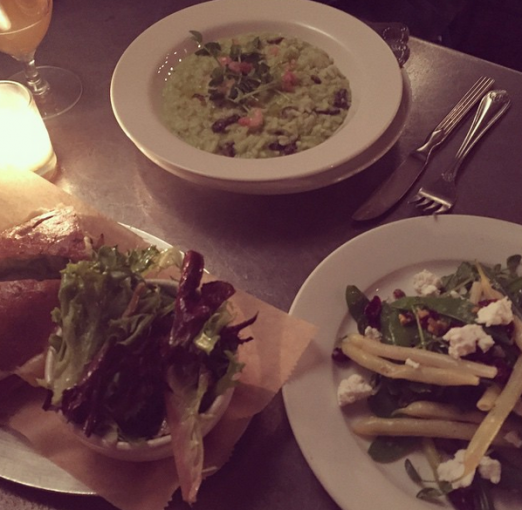 A trio of winning dishes: split pea risotto, manchego grilled cheese, and three bean salad.